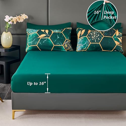 Miniatura 6 de ZRNBAST Juego de edredón tamaño King de color verde oscuro con diseño geométrico de panal de abeja - Juego de ropa de cama de 7 piezas con patrón de