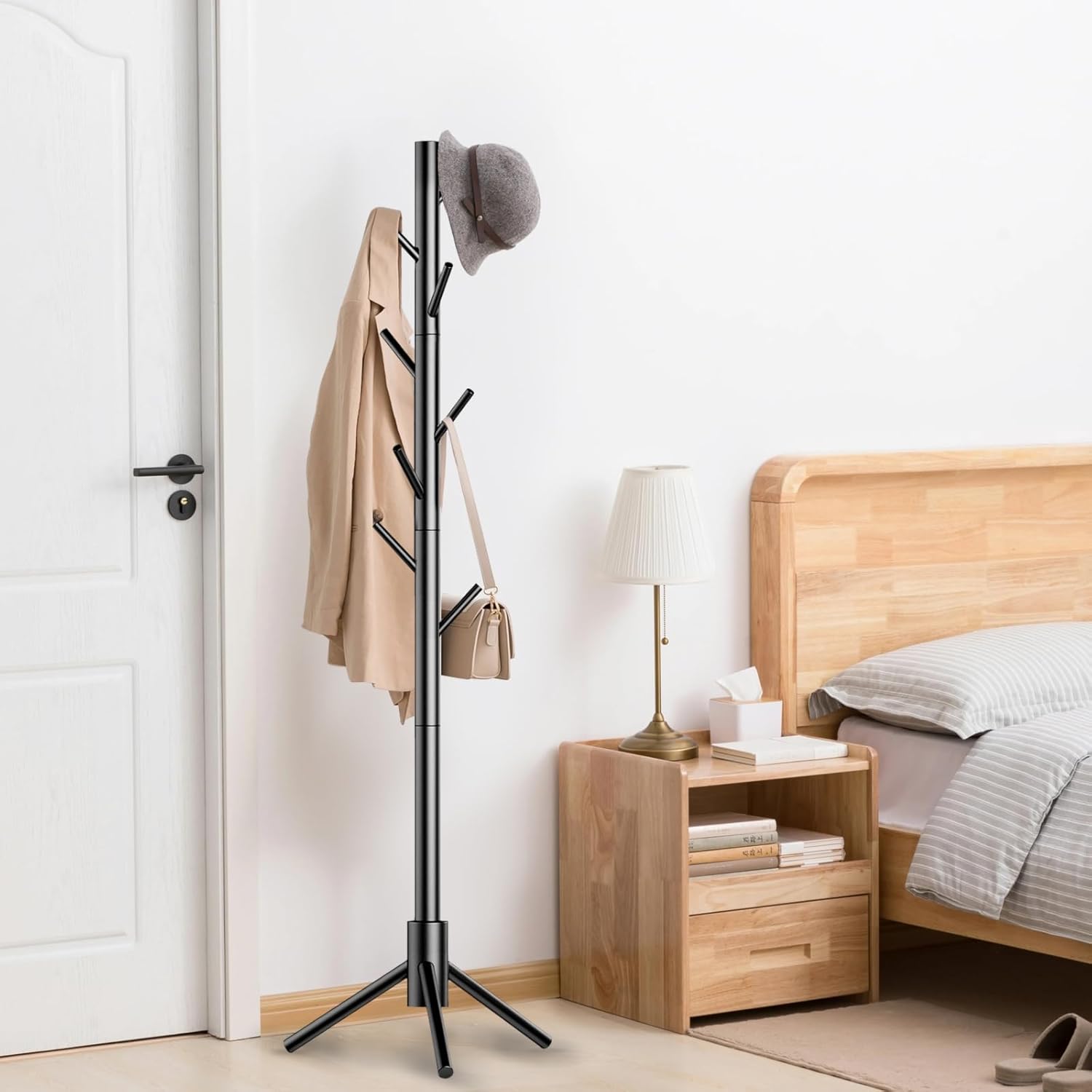Aliphon Wooden Coat Rack Stand, Freestanding Coat Rack with 8 Hooks, 3 Adjustable Size Coat Tree for Hats, Coats, Scarves bags, Coat Hanger Stand Used in Bedroom/Office/Entryway (Black)