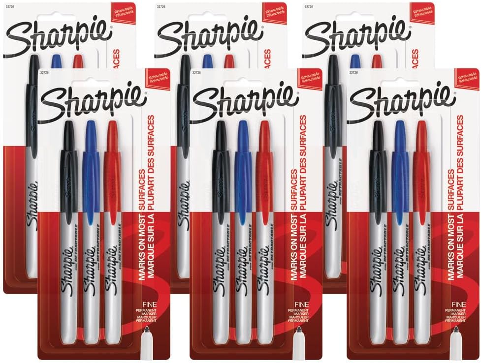 Sharpie Retractable Permanent Markers, Fine Tip, Assorted Colors (Black, Blue, Red), 3/Pack, 6 Packs – Total 18 Markers