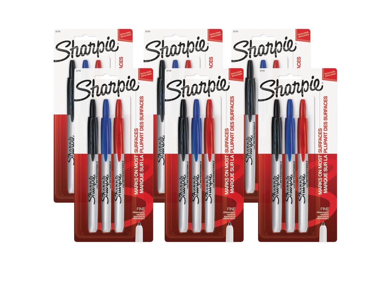 Sharpie Retractable Permanent Markers, Fine Tip, Assorted Colors (Black, Blue, Red), 3/Pack, 6 Packs – Total 18 Markers