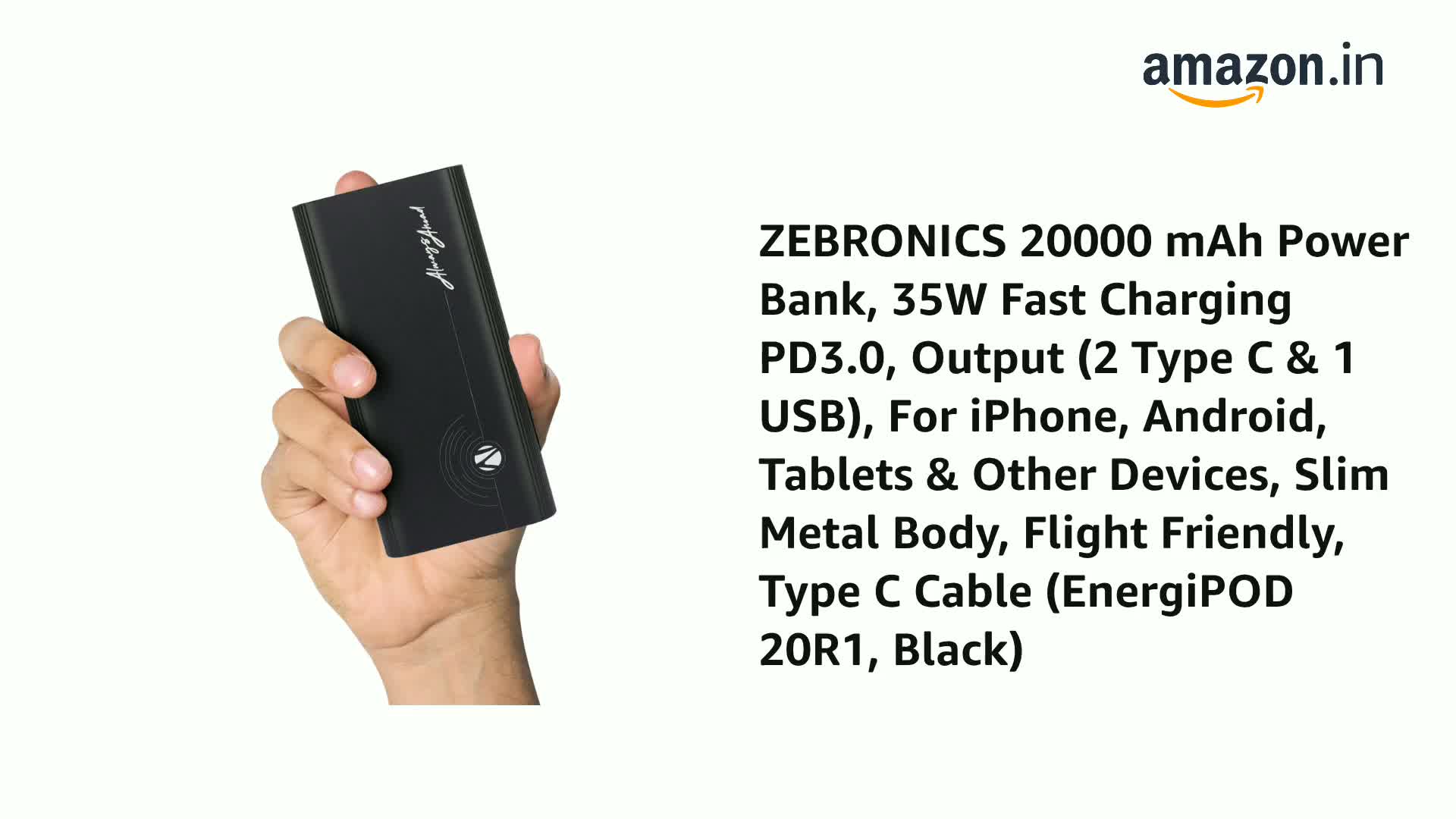 ZEBRONICS 20000 mAh Power Bank | EnergiPOD 20R1 | 35W Fast Charging PD3.0 |  Dual Type C & USB A | for iPhone, Android, Tablets & Other Devices | Slim  ...