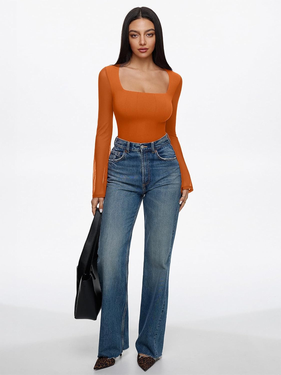 REORIA Women's Sexy Long Sleeve Square Neck Bodysuit Mesh Double Lined Going Out Tops 2025
