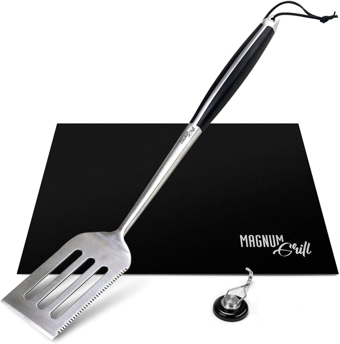 Grilling Accessories by Magnum Grill - 3 Piece BBQ Tools Set with 18" Grill Spatula Metal, BBQ Grill Mat and Extra Strong Magnetic Hook for Hanging on Barbeque - Heavy Duty Metal Spatula Grill Set