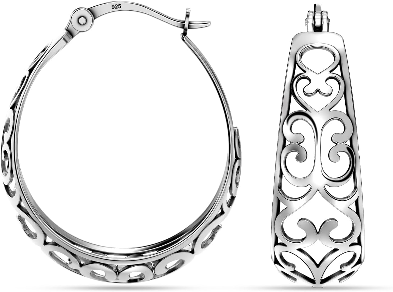 LeCalla 925 Sterling Silver Chunky Hoop Earrings | Filigree Mesh Heart Click Top Hoops for Women - Image 4