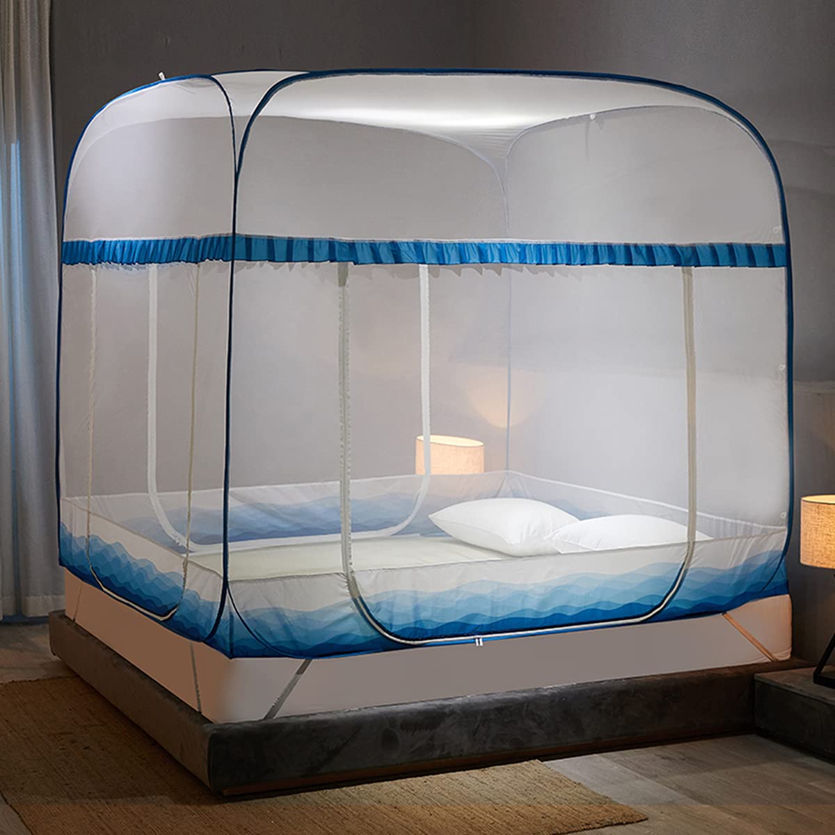 OKUOKA Zanzariere, zanzariera Pop-up per Letto Matrimoniale, Tenda Portatile da Viaggio Yurta mongola Rete Pieghevole 3 Porte per Viaggio all'aperto Neonati Bambini Adulti,Blu,per Letto d