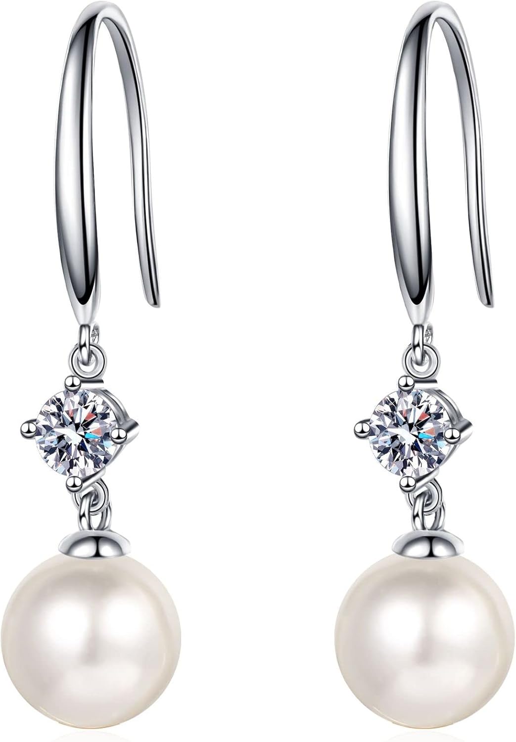Nonnyl Sterling Silver Real White Freshwater Cultured Pearl Earrings for Women | Moissanite Earring for Women Fine Jewelry - Christmas Gifts for Wife Mom Girlfriend, Anniversary Birthday Ball