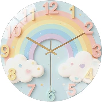 12-Inch Silent Tempered Glass Wall Clock, Pastel Rainbow Cloud Wall Clock Nursery Decor Silent Non-Ticking Clock, Battery Operated AA Batteries Not Included, Artistic Home Decor