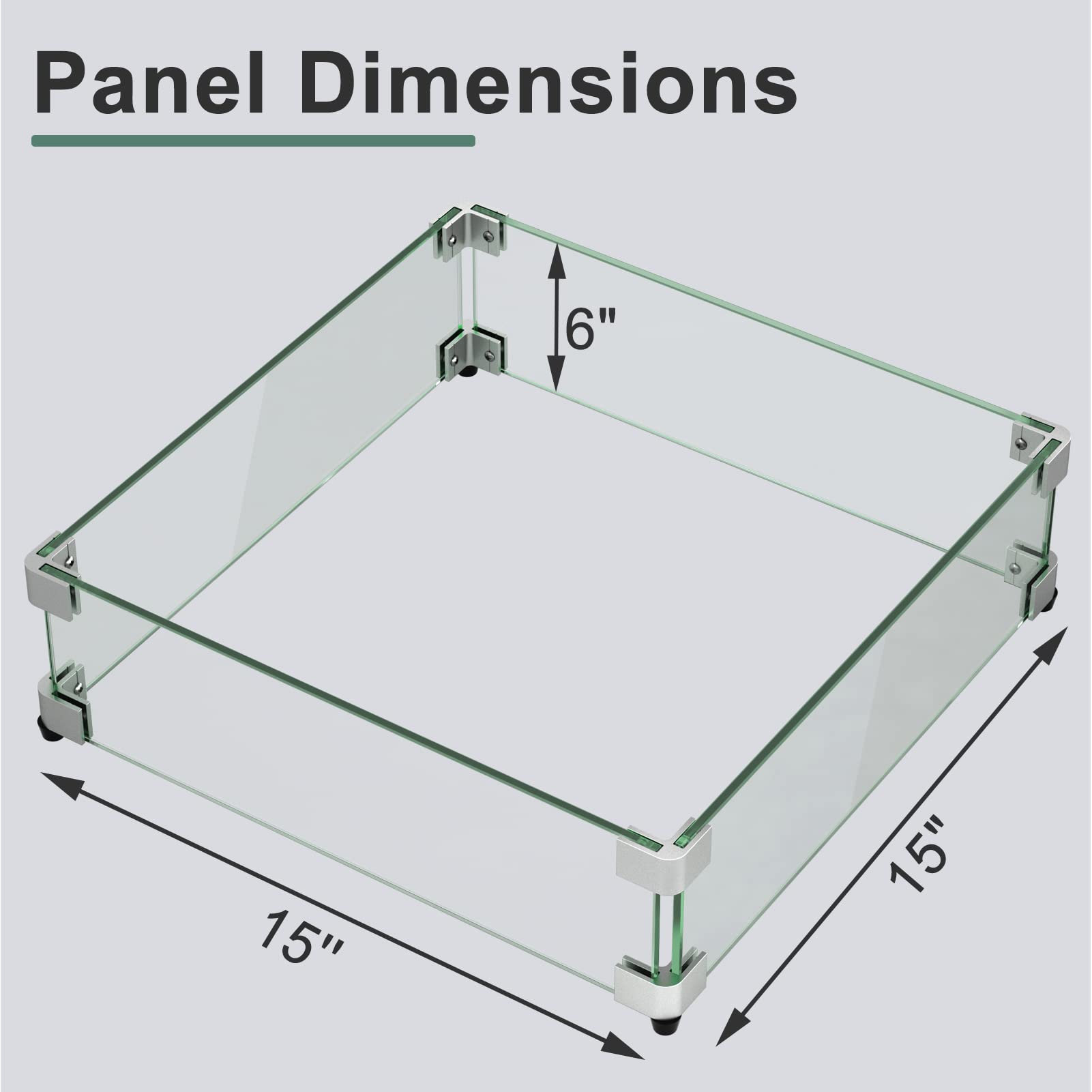 MESIDA 15x15x6 vuurkorf glas windscherm, gehard glas vuurplaats tafel schild, dik en stevig, met harde aluminium hoekbeugel en rubberen voeten