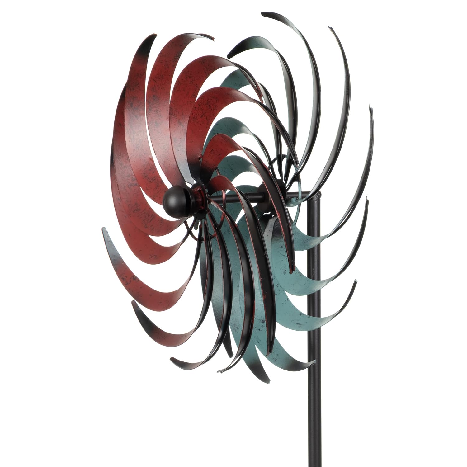Molinillo de viento de metal para jardín, 175 cm de alto, doble caña, diámetro de 34 cm, color rojo y turquesa, resistente a la intemperie, para jardín, jardín, jardín, molinillo de viento de metal