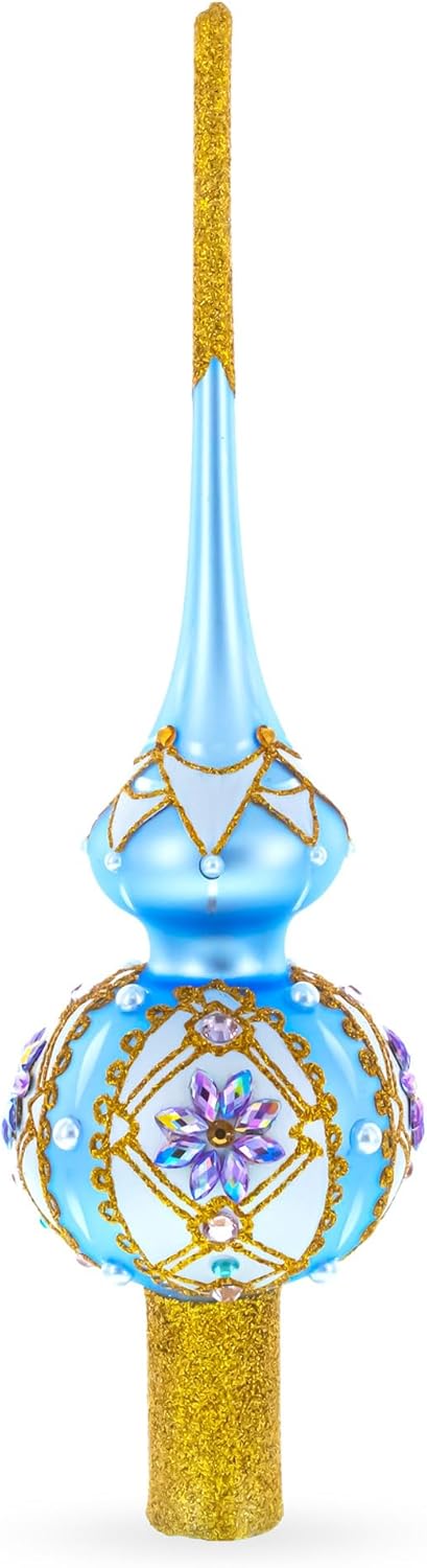 Elegant Blue and Purple Jewel-Encrusted Blown Glass Tree Topper 11 Inches