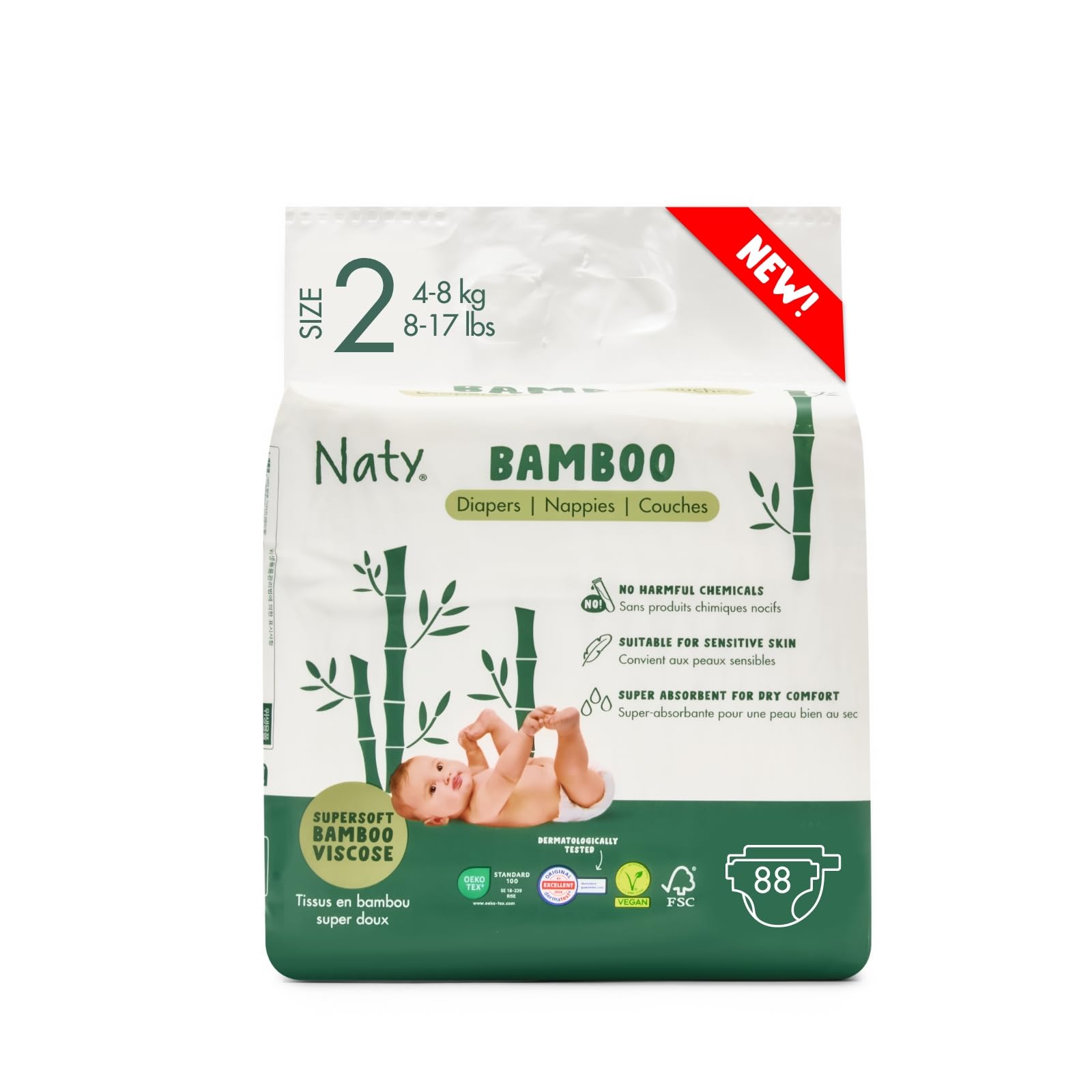 Naty Bamboo Viscose Baby Diapers – Silky Soft, Plant Based, Dermatologically Tested for Sensitive Skin & Super Absorbent (Size 2, 88 Count)