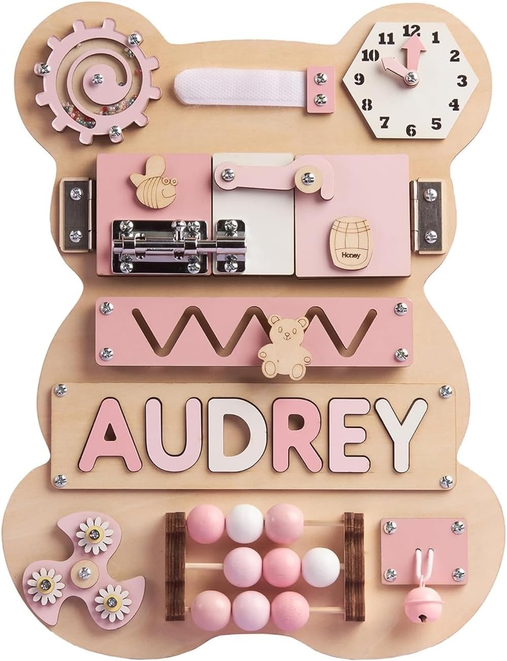 Montessori Busy Board, Personalized Bear Busy Board, Name Puzzle, Learning Toys for 1 Year Old, Sensory Activity, Wooden Baby Toys, Easter Toys, Unique Birthday Gift BB04 (Pastel Girl)