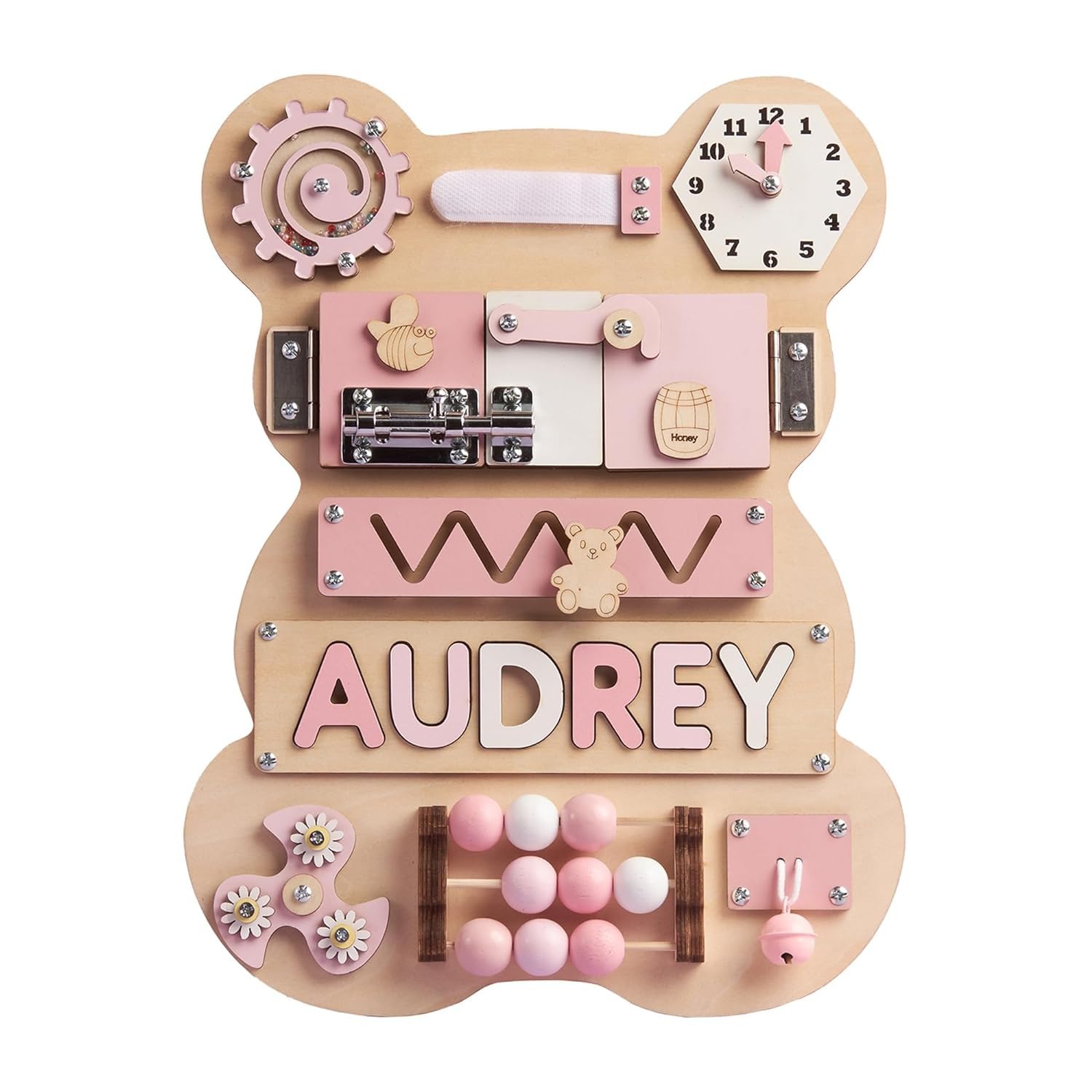 Montessori Busy Board, Personalized Bear Busy Board, Name Puzzle, Learning Toys for 1 Year Old, Sensory Activity, Wooden Baby Toys, Easter Toys, Unique Birthday Gift BB04 (Pastel Girl)