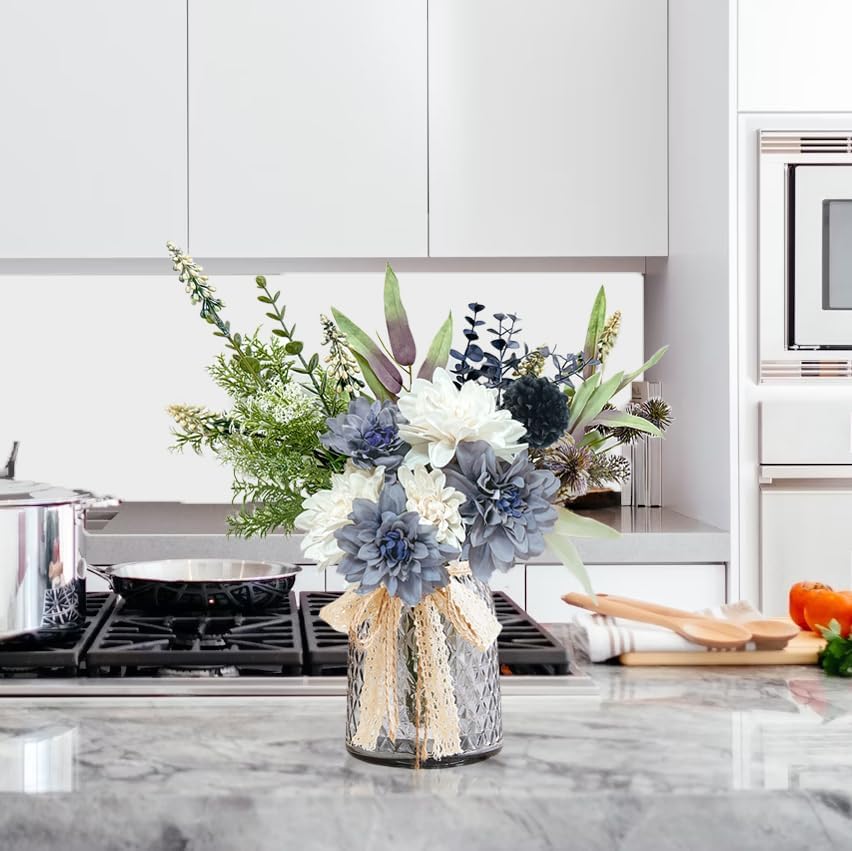 Fake Flowers in Vase, Artificial Flowers Blue Faux Flowers for Vase, Silk Flowers Blue Flowers Table Centerpieces for Dining Room, Kitchen, Office, Farmhouse Decor - Blue White (Grey) - Image 3