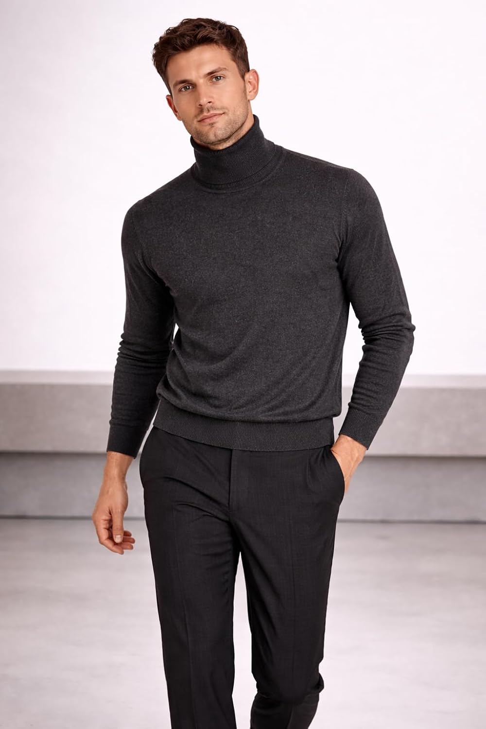 Cashmeren Men's Essential Knit Turtleneck Sweater 100% Merino Wool Long Sleeve Roll Neck Pullover