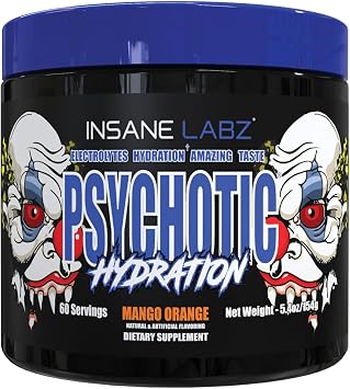 Insane Labz Psychotic Hydration, Sugar Free Electrolyte Mix with Vitamin B12 60 Servings, Mango Orange