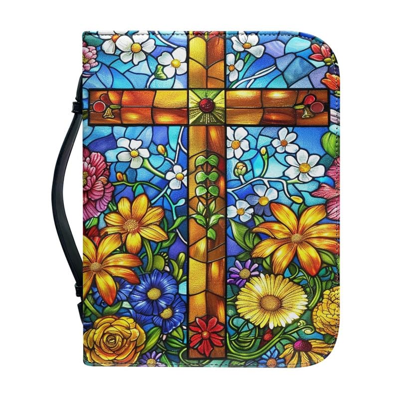 Kuiaobaty Cross Flowers Print Bible Cover with Handle Stained Glass Art Carrying Book Cases, Faux Leather Bible Bag 4 Size — image 1