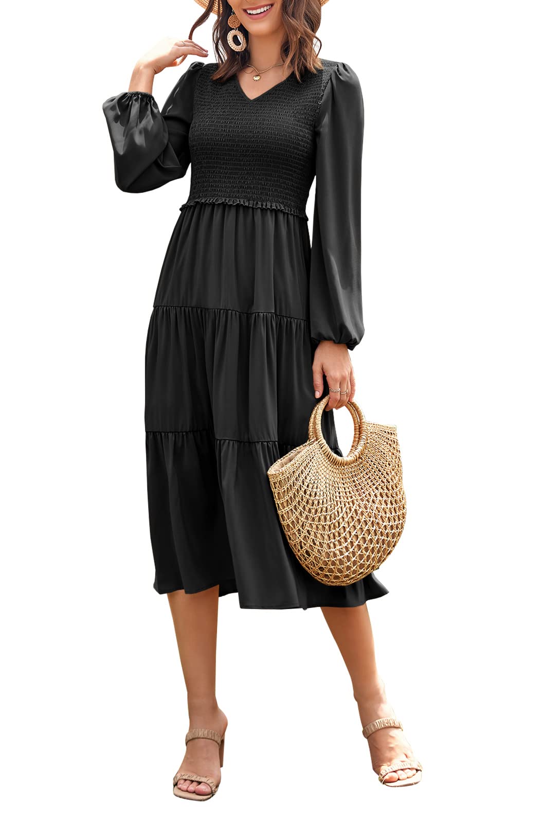 UMEKO Womens Summer Puff Long Sleeve V Neck Casual Smocked Elastic Waist Tiered Midi Dress