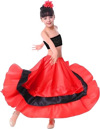 FEESHOW Kids Girls Spanish Flamenco Bull Dance Dress Outfit Lace Tube Top Circle Long Satin Skirt with Headwear