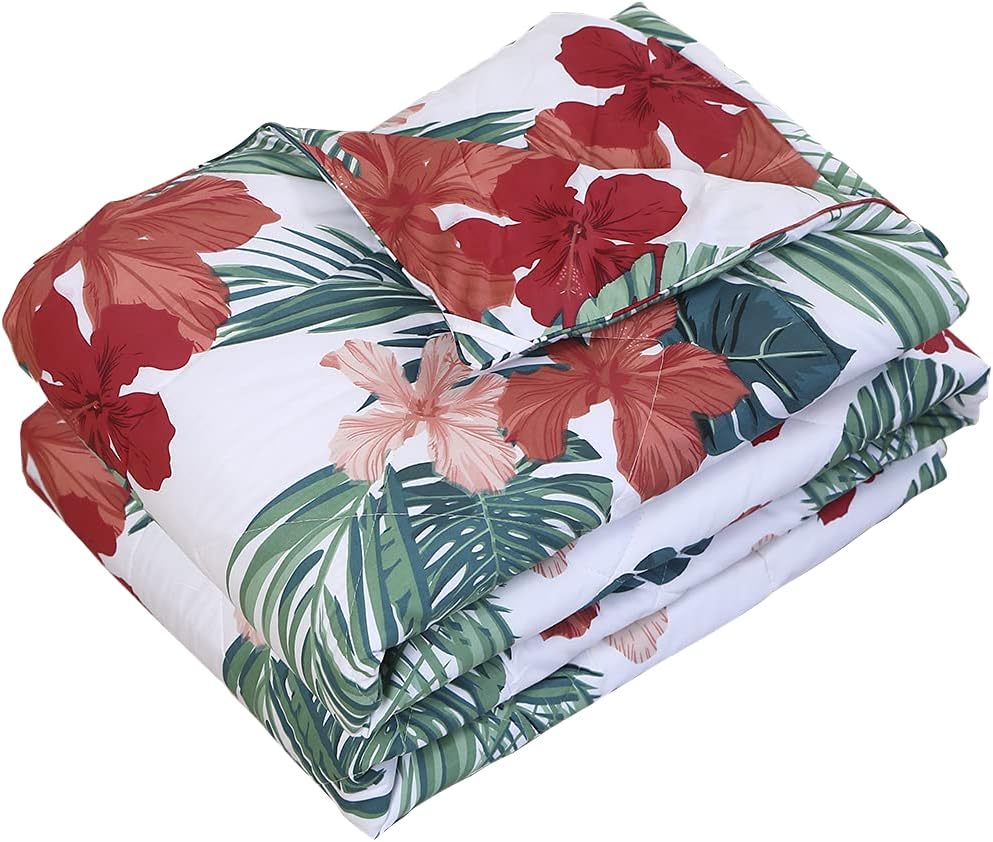 FADFAY Floral Comforter King Size Quilt 100% Cotton Fabric Lightweight Green and Red Bedding Down Alternative Cozy Soft Breathable All Season Summer Tropical Bed Set Palm Leaves Printed (3Pcs King)
