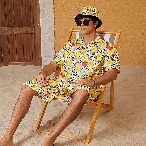 Ifamawlea Men's 2 Piece Tracksuit Retro 80S90S Memphis Rubber Duck Hawaiian Shirt Shorts Button Down Shirt And Shorts Sets With Bucket Hats Xx-Large #TOP3