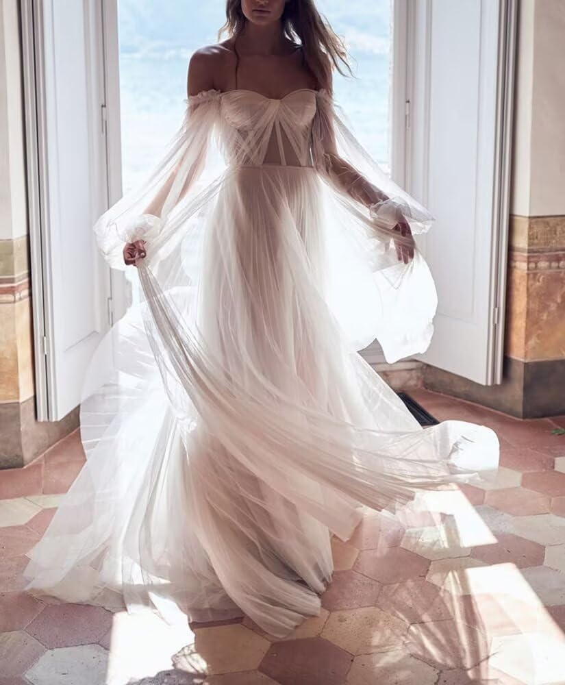 Zepumen Long Sleeve Prom Dress for Women Tulle Ball Gown A-Line Wedding Dress Formal Evening Party Gowns