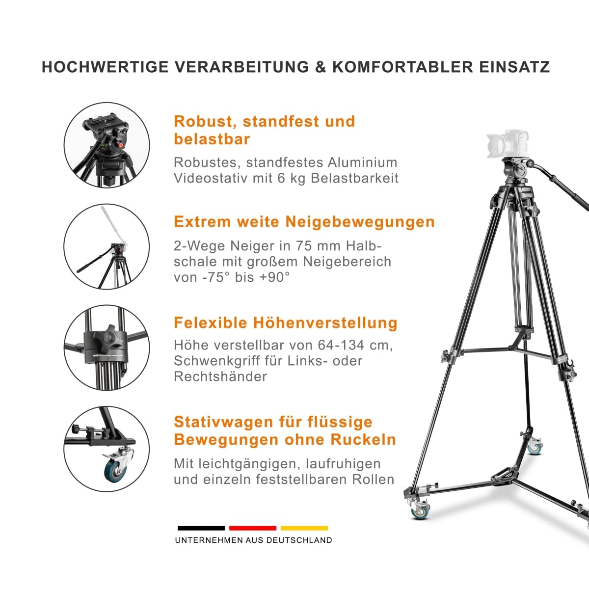 Walimex Pro EI-9901 Video-Pro-Stativ inkl. Stativwagen WT-600 (max. Höhe 138 cm, Videoneiger, Mittelspinne, Belastbarkeit 6 kg und Stativtasche), Schwarz