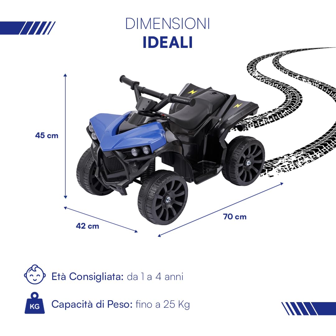 Baroni Toys Quad Elettrico per Bambini 1-4 Anni con Manubrio Sterzante, Musica e Luci Funzionanti, Quad con Modalità Avanti/Retro, Batteria 6 V Ricaricabile, Facile da Montare, 70x42x45 cm, Blu