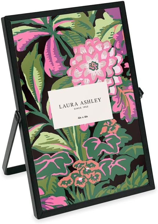 Laura Ashley 4x6 Black Metal Picture Frame Vertical with Easel Stand - Elegant Tabletop Display for Desk Shelf Mantle
