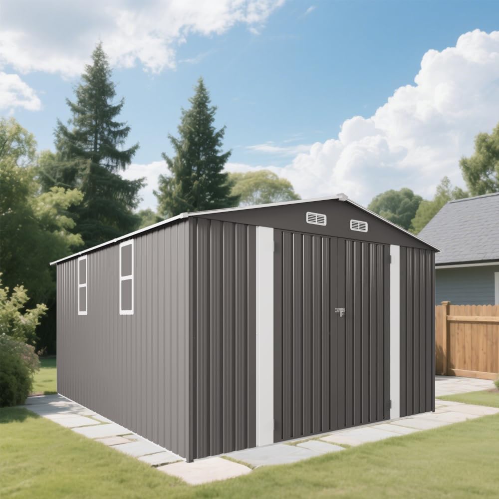 Large Outdoor Metal Storage Shed 10x12 ft, Double Door with Two Windows, Waterproof Tool Shed for Backyard, Patio, Lawn or Poolside, Grey
