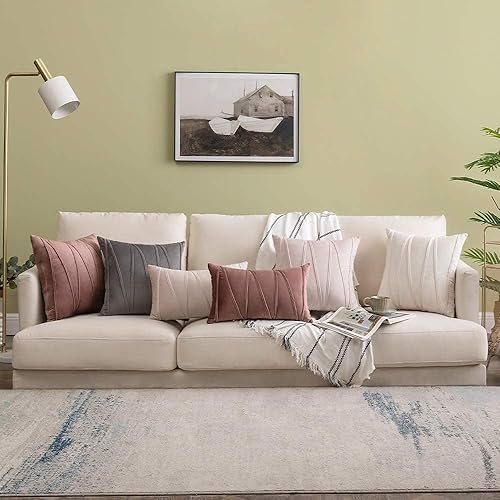 Miniatura 5 de Woaboy Paquete de 2 fundas de almohada de terciopelo a rayas, modernas, decorativas, mantas para sofá, cuadradas, suaves y acogedoras para