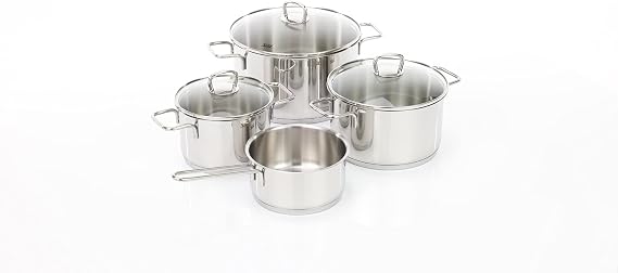 Silit Alicante 4-Piece Induction Saucepan Set with Glass Lid, Polished Stainless Steel, Induction Pots Set, Uncoated