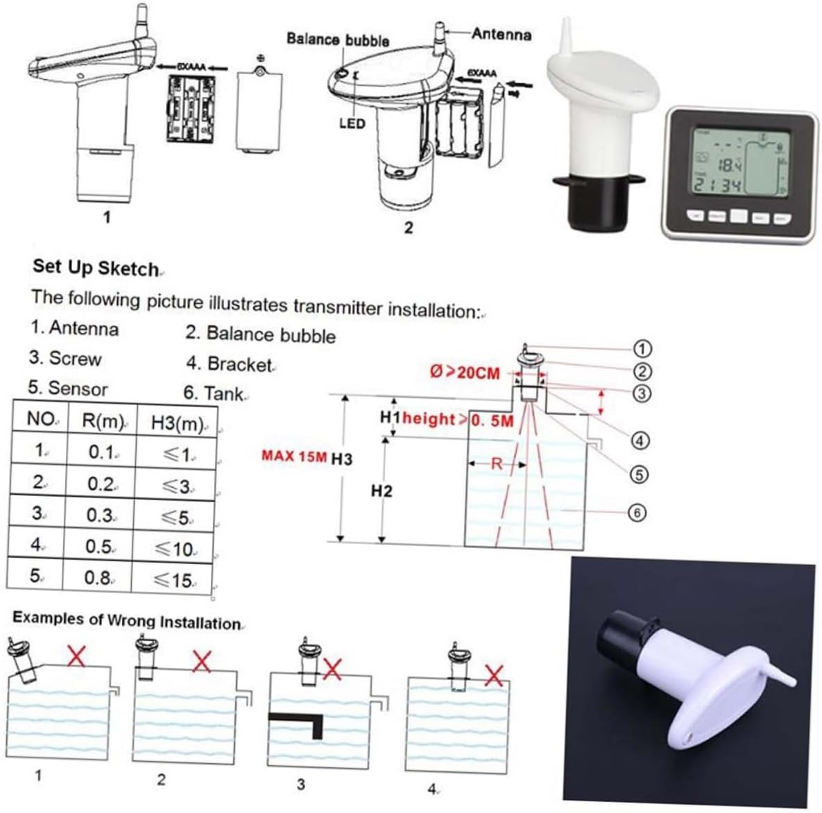 Ultrasonic Water Level Sensor 0.5m-15m Range Liquid Level Meter with Temperature Tank Gauge 100m Transmission Range