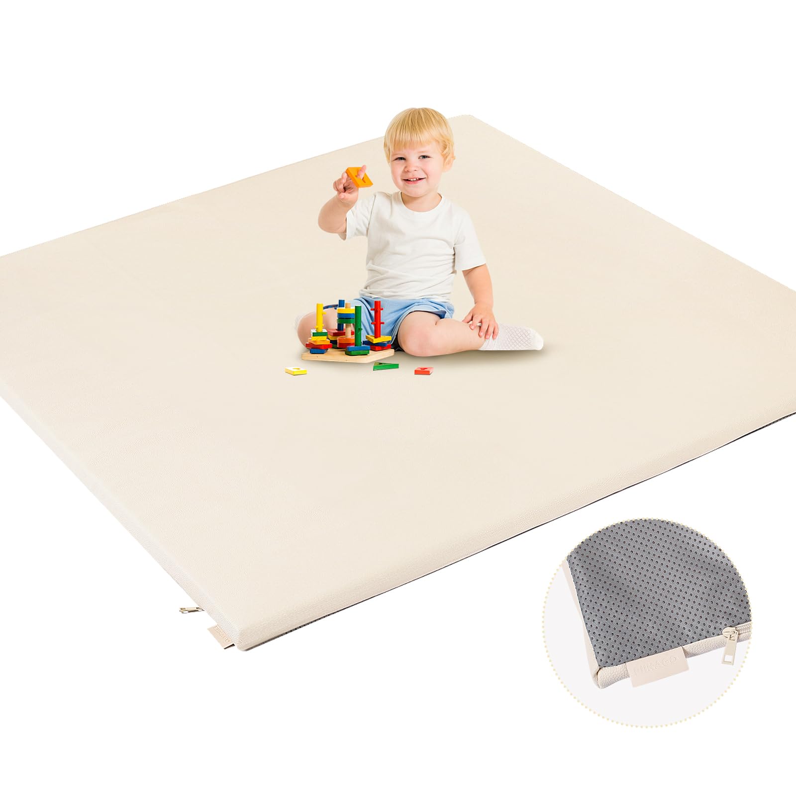 PIIKAGO Padded Baby Play Mat, Super Soft Vegan Leather Floor Mat for Baby Girls and Boys, 48x48 Non-Slip Thick Foam Cushioned Play Mat for Babies 6-12 Months, Fits Nicely Into 50x50 Playpen Mat, Beige