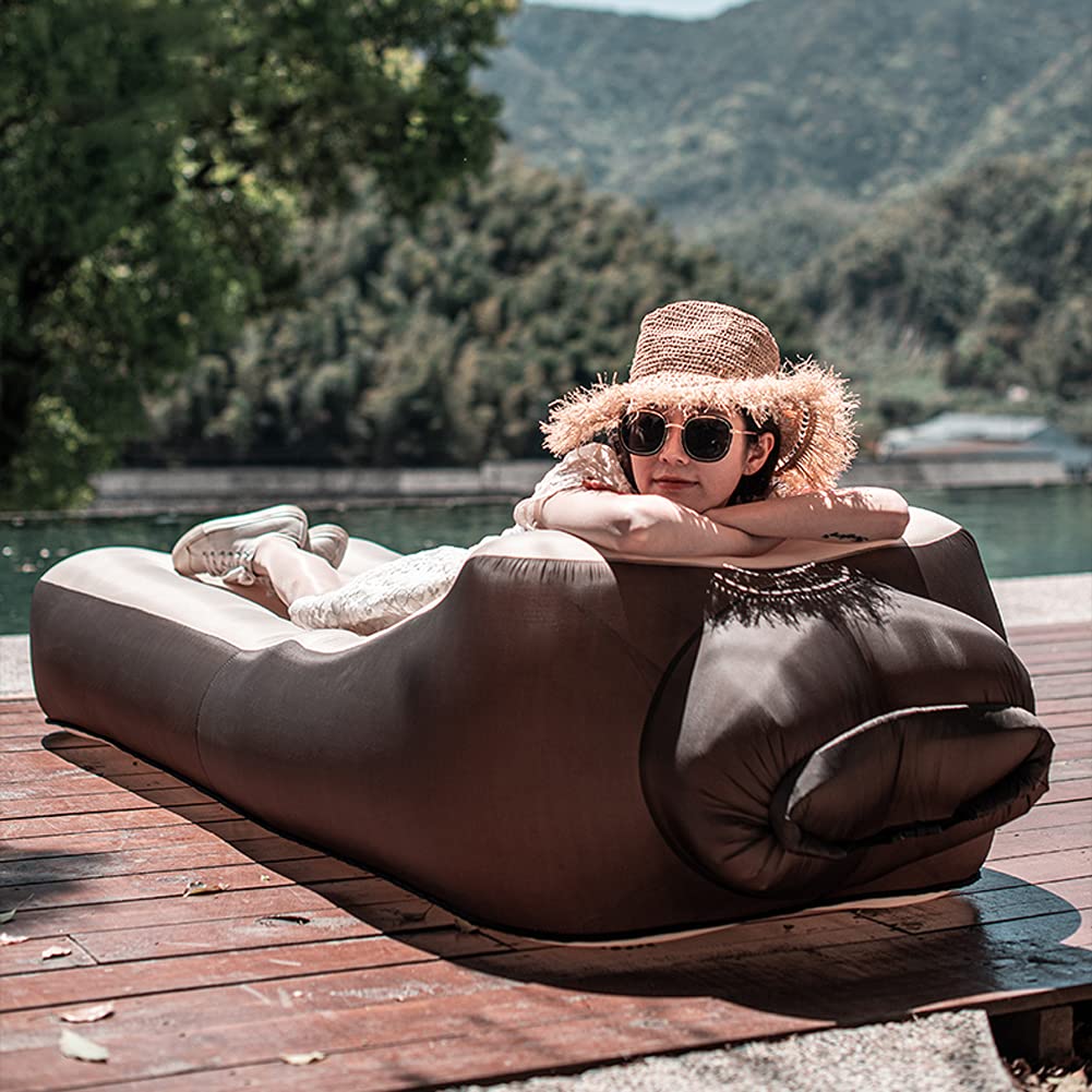 Materac powietrzny Podwójny rozmiar, zewnętrzna wodoodporna podwójna dmuchana sofa, składana przenośna rozkładana poduszka powietrzna do podróży na plażę Piknik kempingowy, brązowa