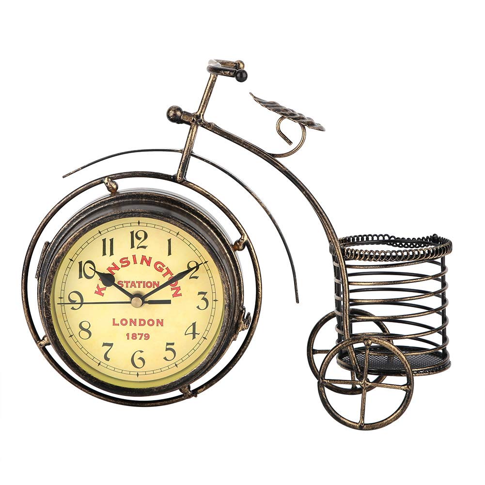 Maxmartt Tricycle Desk Clock, Double Sided Iron Art Clock Countertop Vintage Desk Clock Antique Bicycle Decor with Pen Case for Living Room, Dining Room, Bedroom