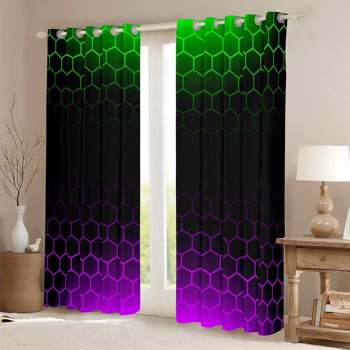 Honeycomb Window Curtains Grenn Purple Ombre Blackout Curtains(30%-50%) Beehive Hexagon Window Dreapes Kids Toddler Geometric Honeycomb Window Treatments W46*L54 - Image 2