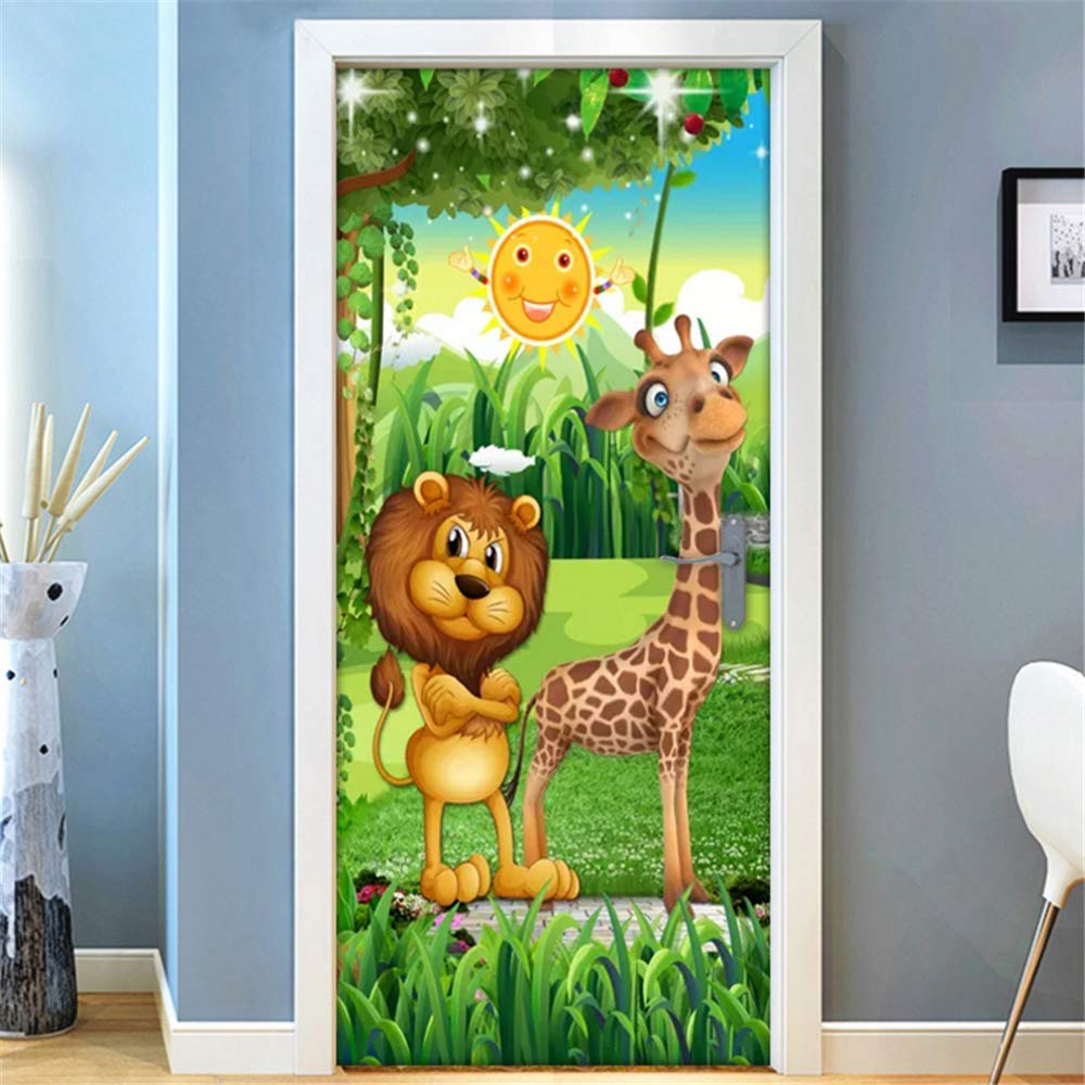 3D Bosque De Dibujos Animados Animal León Jirafa Habitación De Los Niños Habitación De Los Niños Decoración De La Puerta Etiqueta De La Pared Mural Wallpaper Autoadhesivo Cartel Escena 77 * 200 Cm