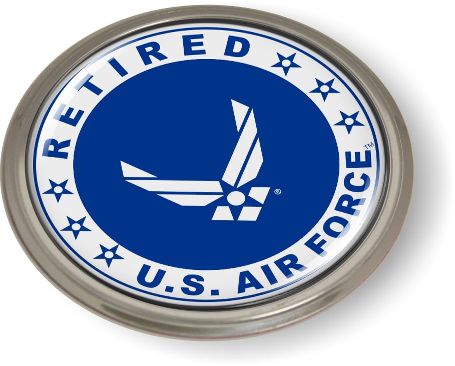 Image of BestLicensePlateFrames - US Air Force Retired Logo with USAF White Arnold Wings and Star Symbol Domed CAR Emblem Badge Sticker Semi-Flexible Aluminum Bezel - Official USAF and USSF Licensed Product