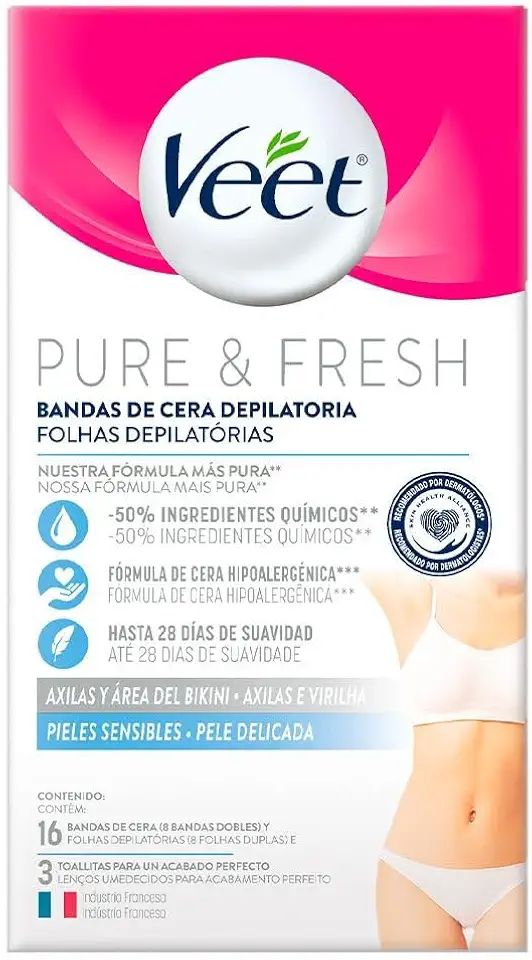 Veet Cera Fria Para Depilação Da Virilha E Axila Pure & Fresh Pele Delicada Com 16 Folhas Depilatórias