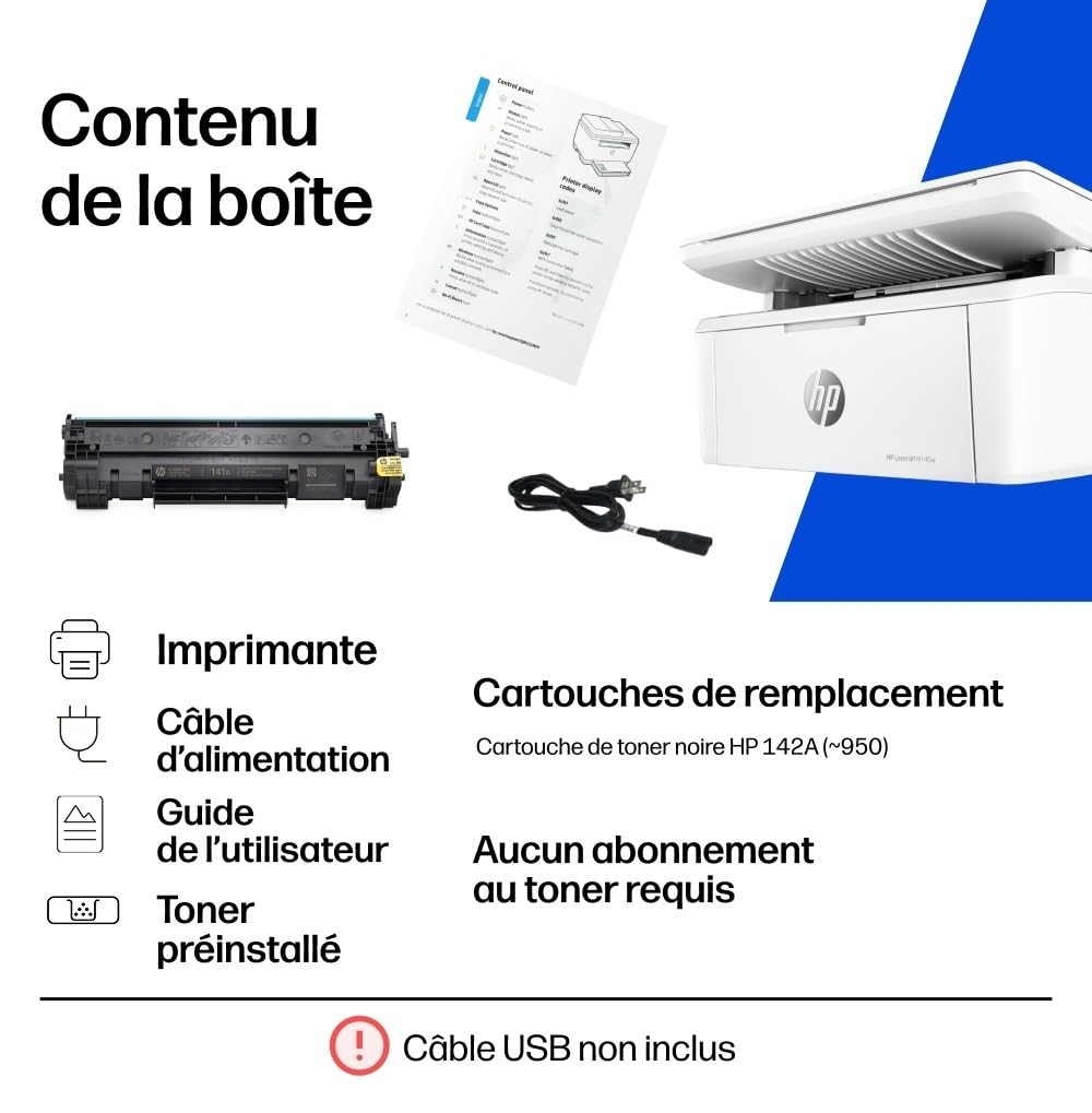 HP LaserJet M140w, 7MD72F, Imprimante Multifonction Laser A4, Monochrome, Impression Recto/Verso Manuelle en Noir et Blanc, 20 ppm, Wi-FI, Smart, Blanche