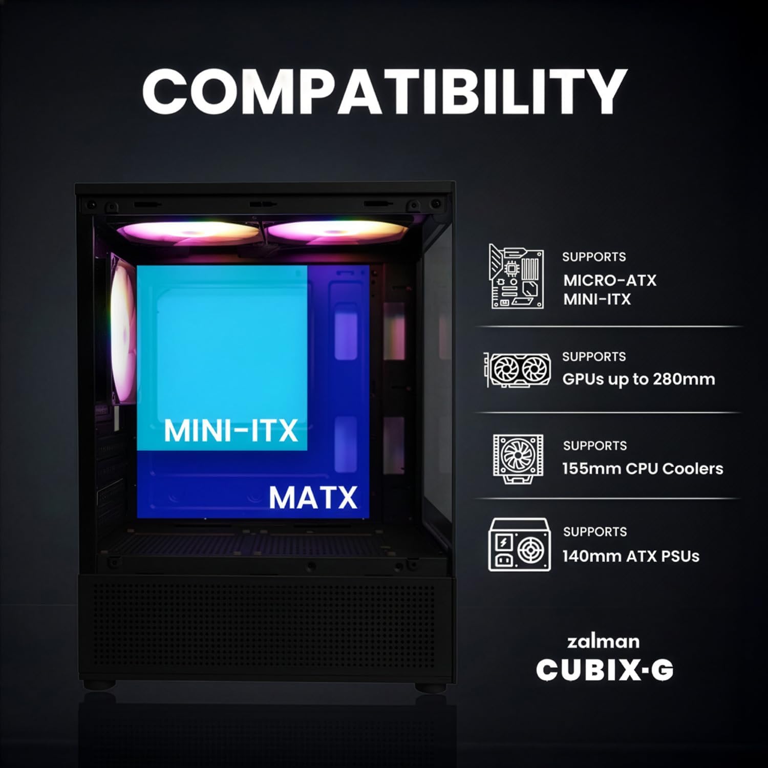 Zalman CUBIX-G Micro-ATX PC Case, MATX Case with 3 X 120mm FRGB Fans Pre-Installed, Panoramic View Tempered Glass Panels, USB Type-C Port, Fits up to 280mm GPUs, Black