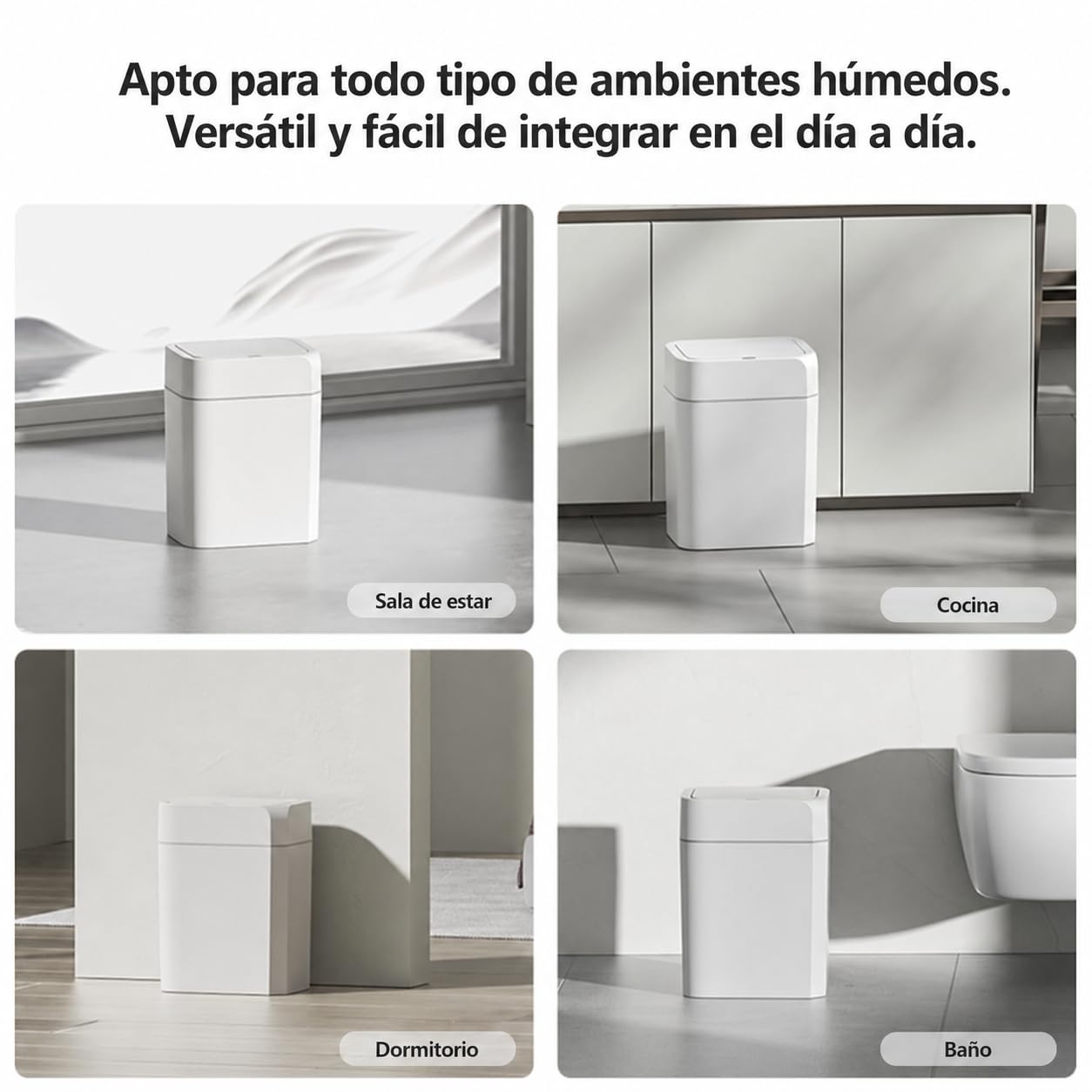 Cubo de basura automático de 12 l con sensor – Cubo de basura eléctrico con tapa para cocina, baño, inodoro – Resistente al agua y a los olores, diseño exclusivo de esquinas en blanco