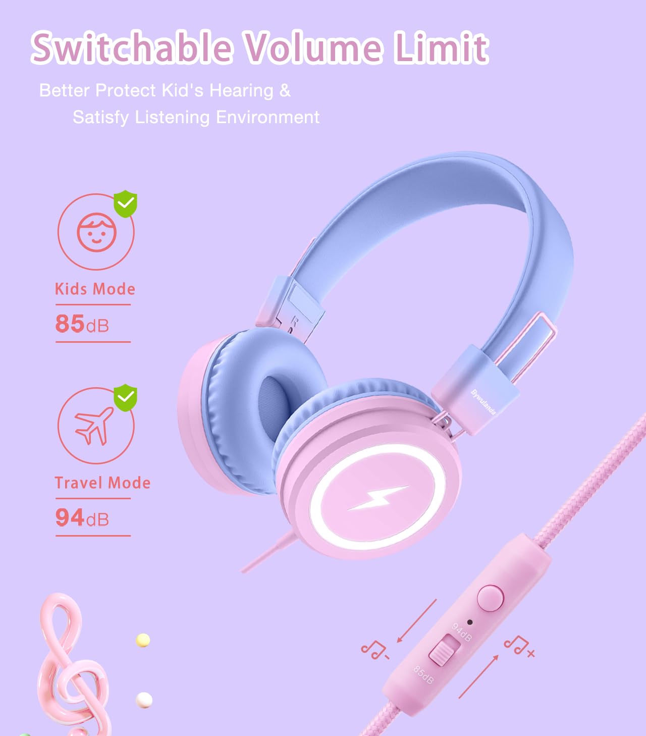 Bywulanda Casque pour enfants avec lumières LED pour l'école, USB de type C avec microphone, limiteur de volume 85/94 dB, casque filaire pour garçons/filles/tablette/voyage – Violet dégradé
