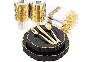 Morejoy 175PCS Black Gold Plastic Plates New Year's Dinnerware Sets