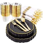Morejoy 175PCS Black Gold Plastic Plates, Black Plate with Rolled Napkins: 50 Plates, 25 Spoons, 25 Forks, 25 Knives, 25 Cups for Wedding & Party & Birthday & New Year & Halloween