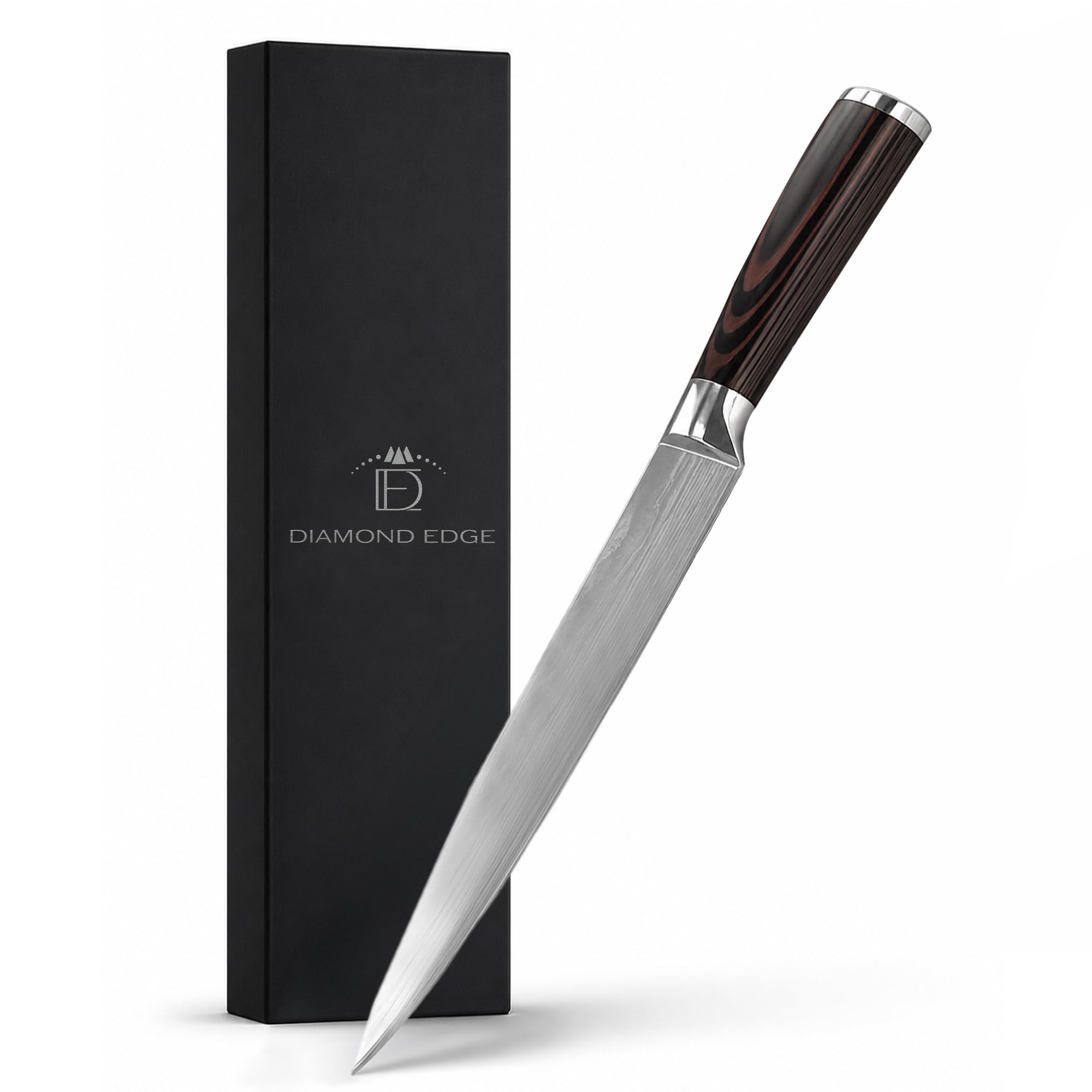 CW Diamond Edge Slicing Knife - Professional Carving Knife with Ultra Sharp Stainless Steel Blade, Ergonomic Pakkawood Handle, Gift Box & Protective Sheath - Ideal for Roasts, Ham & Poultry