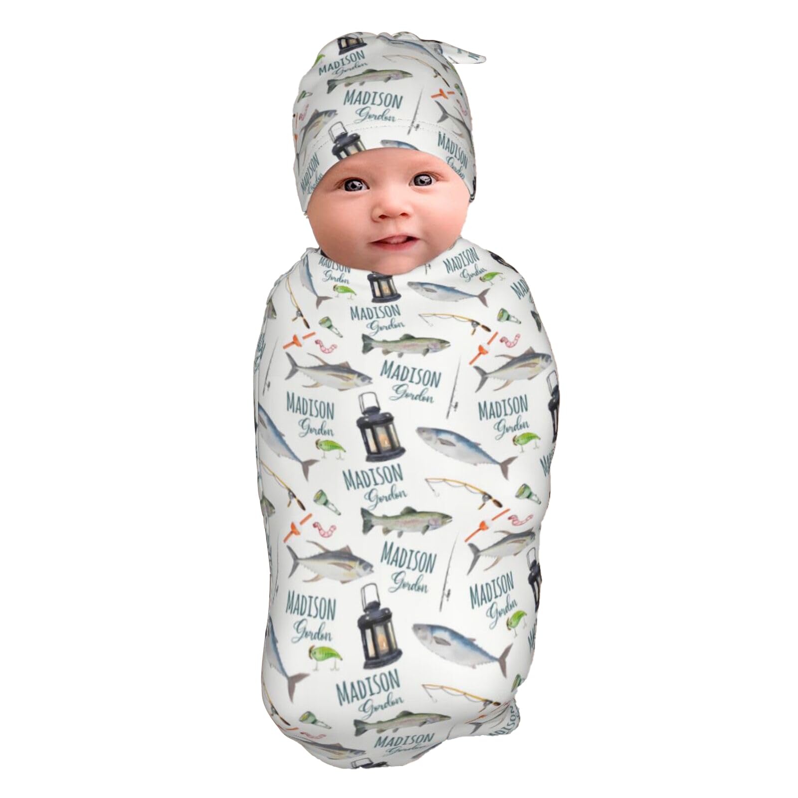 Personalized Baby Swaddle Blanket for Boys, Custom Name Fishing Receiving Blanket with Bow Headband Set for Newborn Infant