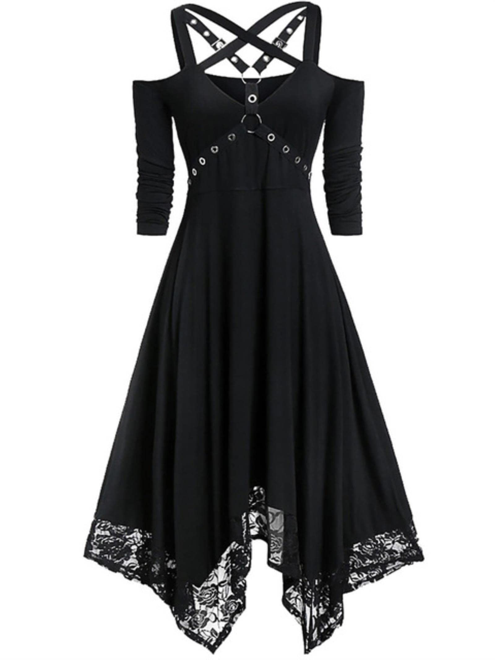 Punk Grunge Sexy Vintage Corset Dress Women Gothic Lace Patchwork Harajuku Aesthetic Dress Asymmetric Party A Line Dress-Black,M