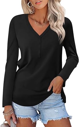 TICTICMISS Womens Long Sleeve V Neck T Shirts Henley Tops Button Down Shirts Fall Blouses